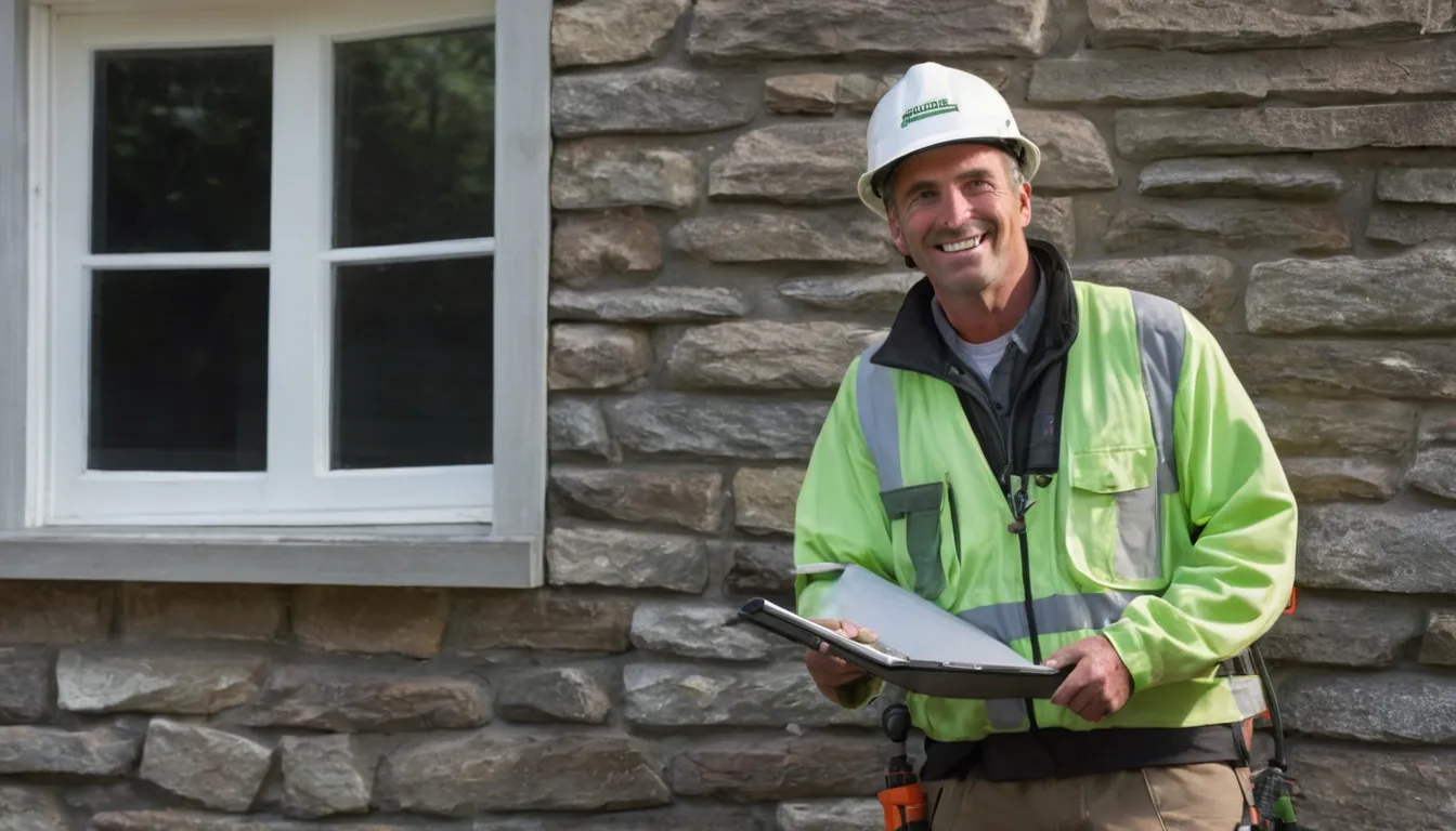 Friendly provider showing a homeowner a termite inspection report beside a stone foundation wall in Beacon